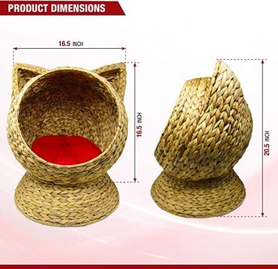 China Environmentally Friendly Luxury Woven Cat Bed for Indoor Cats with Natural Pillow Water Hyacinth Pet House Round Premium Housing Hut for Furry Cat for sale