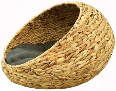 China Environmentally Friendly Cat Bed Natural Seagrass Handwoven Cat House Water Hyacinth Pet Cave Bed with Washable Cushion Pet Top Bed for sale