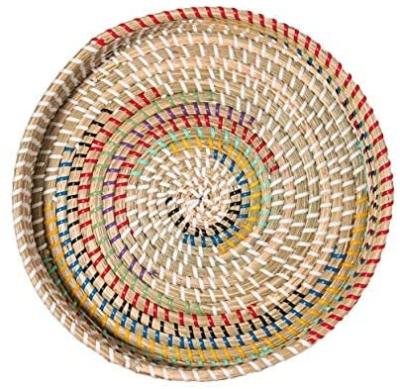 China Nature Sustainable Durable Around Hanging Vegetable Plankton Woven Bamboo Rattan Basket Home Decor For Fruit Coaster Mat Serving Tray With Handle for sale