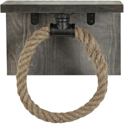 China Adjustable (Height) Vintage Gray Wood and Pipe Black Industrial Bathroom Wall Mounted Shelf with Hand Towel Rope Loop for sale