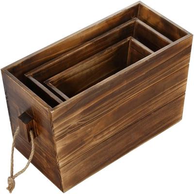 China Rectangular Decorative Nesting Stored Dark Brown Wooden Storage Box with Rope Handle, Set of 3 for sale