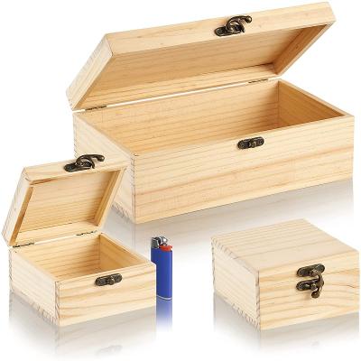 China Handmade set of 03 wooden boxes, unpolished pine boxes, large unpolished wooden box with lid and 02 small unpolished boxes for sale