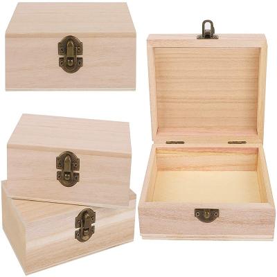 China 4 Pieces Handmade Pine Wood Raw Box With Lid Hinged Treasure Box DIY Handwork Gift Storage Box for sale