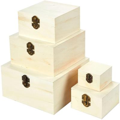 China 5 pieces handmade hinged lid nest box for household storage, unpolished wood, natural wood color for sale