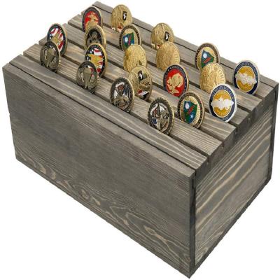 China Retro Handmade Gray Wooden Military Challenge Coin and Casino Chip Display Stand with Collectable Storage Box for sale