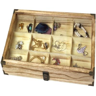 China Newly Listed Handmade In Factory Wooden Jewelry Storage Tray Box With Glass Lid, 12 Compartments Can Be Customized for sale