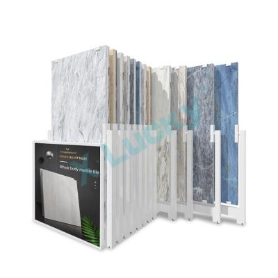 China Easy Assembly / Rotating / Sliding Display Racks Lucky Factory Rotated Granite Stone Shows Push Pull Slab Marble Sample Rack Floor Rotating Large Board Tile Display Rack for sale