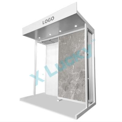 China Eco-friendly Hardware / Easy Disassemble Lucky Custom Granite Showroom Hanging Push Pull Sliding Slab Panel Agglomerated Stone Rack With Light Weight Marble Tile Display Rack for sale