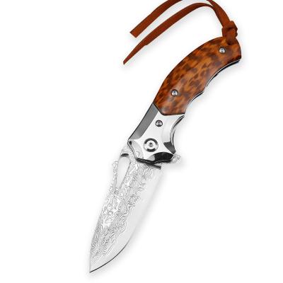 China Snake Non-variable Grain Damascus Folding Knife High Hardness Pattern Wood Outdoor Camping Sharp Knife for sale