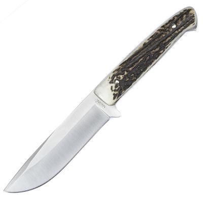 China Non-Variable Antlers Handle Fixed White Blade Hunting Unfolding Camping Straight Knife With Leather Sheath for sale