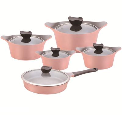 China Viable Korean Dummy 10pcs aluminum cookware pots and pans sets with high quality ceramic marble coating for sale