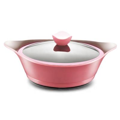 China Sustainable Korea New Style Popular Ceramic Coated Round Base Shallow Sauce Pot / Homeware Casserole Pot With Silicone Glass Lid for sale