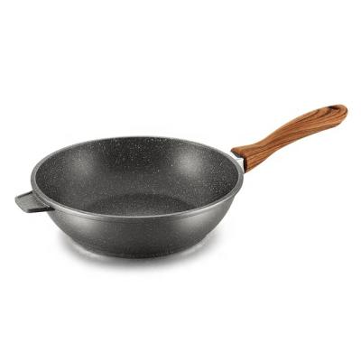 China 24cm Sustainable Die Cast Aluminum Gray Nonstick Marble Deep Fryer Pan With Soft Touch Wooden Handle for sale