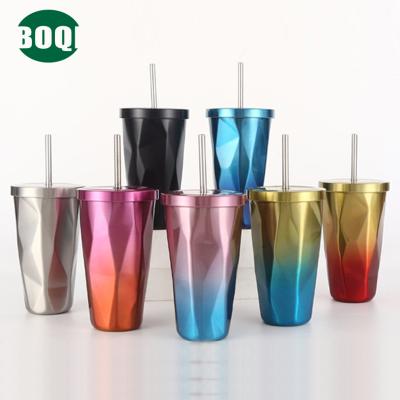 China BOQI Factory Wholesale Viable Color Insulated Straw Diamond Shaped Straw Mug Stainless Steel Gradient Thermos Mug for sale