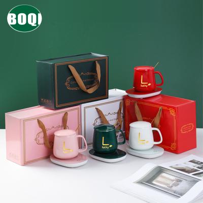 China BOQI Viable Wholesale Gift Set Mug Heating Protection Smart Temperature Control 375ml Green Ceramic Coffee Cup Cup With Spoon for sale