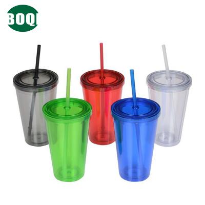 China BOQI Logo Reusable Plastic Tumbler Cup Leakproof Clear 16oz BPA Disposable Custom Double Wall Tumbler With Lid And Straw for sale