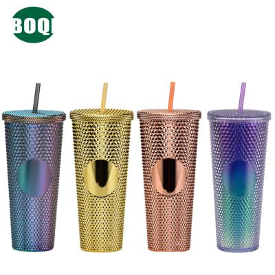 China BOQI England Sustainable 24oz Double Hot Wall BPA Free Plated Colored Outdoor Plastic Water Bottles Drinking Cups With Straw for sale