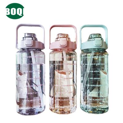 China BOQI Half Gallon 2L Fitness Viable Wholesale Gym Sports BPA Free Clear Plastic Motivational Water Bottle With Time Marker And Straw for sale