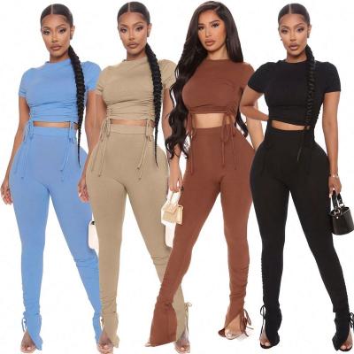 China Anti-pilling JEAN Amazon Solid Color Shorts Sleeve Drawstring 2021 Matching 2 Piece Set Women Clothing Sets for sale