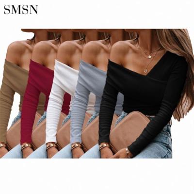 China Wholesale QUICK DRY Solid Color Tops Elegant Ladies Office Wear Women V-Neckline Long Sleeve Fashion Crop Trendy for sale