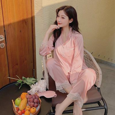 China Breathable Sleepwear 2PCS Pajamas Sets Women Lapel Long Sleeve Home Wear Ladies Satin Tops+Pants Nightgown for sale