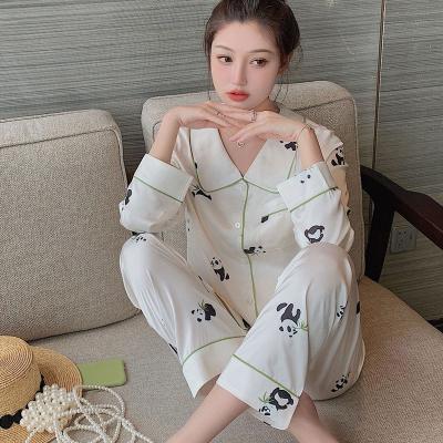 China Breathable custom logo Ice silk white shirt pajamas sets lapel 2 piece suit home autumn sleepwear for women for sale