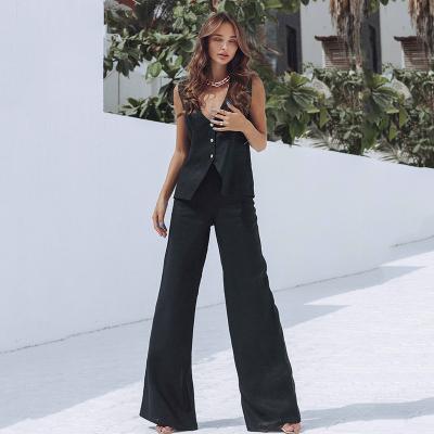 China Anti-pilling summer women clothing suits V-neck vest and loose long pants outfits fashion cotton linen 2 piece set for sale