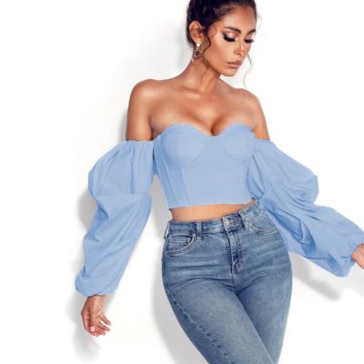 China Breathable girls clothing off shoulder pleated top  exaggerated puff sleeve women's blouses for sale