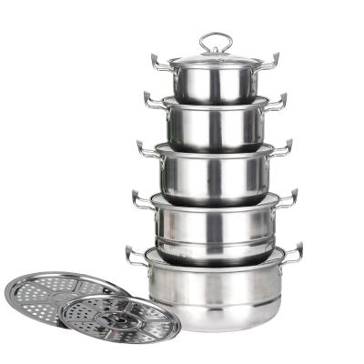 China Viable hot sales cheap cookware set 12pcs stainless steel pot with steamer 410 pan soup pot cooking set for sale