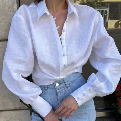 China 2022 Office Lady Fashion Cotton Lantern Sexy White Sleeve Anti-pilling Blouses Tops Ladies Blouse for sale