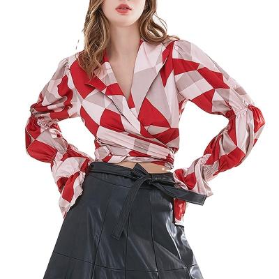 China 2021 spring new fashion anti-pilling blouse lace-up temperament printed satin women shirt for sale