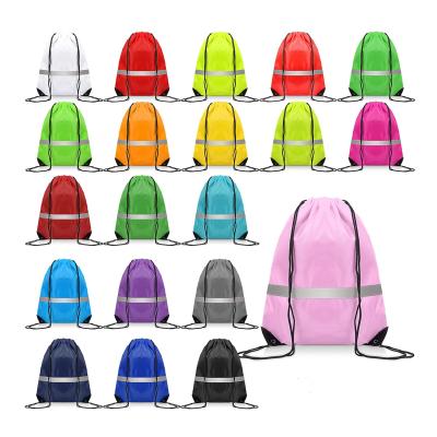 China Promotion Wholesale Custom Printed Waterproof Polyester Drawstring Backpacks Gym Sports String Bags With Reflective Stripe for sale