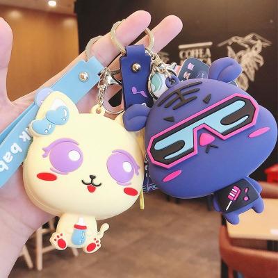 China Portable Promotional Cartoon Rubber Cat Lovely Design Car Key Purse Gift Coin Bag Doll Anti-lost Key Rings With Wrist Strap Key Chain for sale