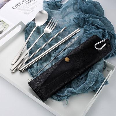 China Viable Kids Cutlery Utensil Reusable Chopsticks Spoon Set Metal Straw Portable Travel Cutlery Set with Leather Pouch for sale