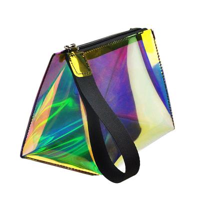 China high quality & high quality waterproof & Wholesale Waterproof T Shape Holographic Glossy Cosmetic Bag TPU Makeup Organizer Bag With Wristband Clear Band for sale