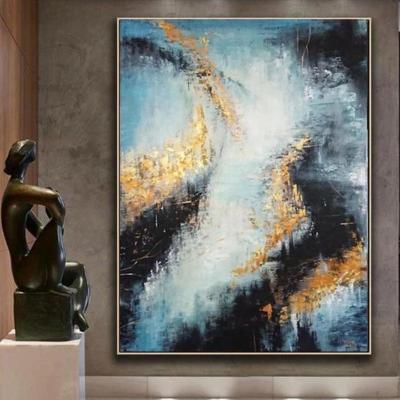 China Modern Abstract Oil Painting Hand Painted Modern Home Decor Gold Foil Abstract Blue Gold Foil Nordic Wall Painting for sale