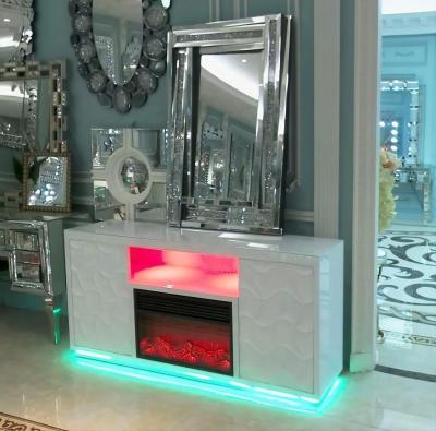 China Other High End White Mirrored TV Stand Fireplace With Led Downlight Hearth With Multicolor Flames Heater And Speaker For Living Room for sale