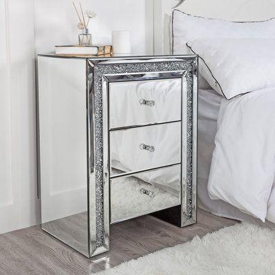 China 2022 Contemporary High Quality Crushed Diamond Mirrored Nightstand 3 Drawer Chest Bedside Table Night Stand for sale