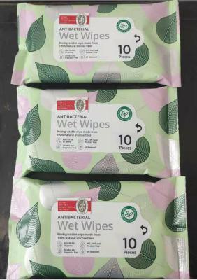 China Biodegradable 10 Pieces Antibacterial Wet Wipes 100% Natural Viscose Fiber for sale