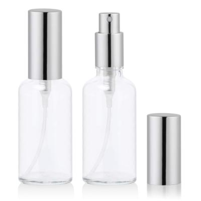 China Mister 2oz Water Spray Lead Free Clear Glass Bottles Pump Spray Bottle With Silver Metal Sprayer for sale