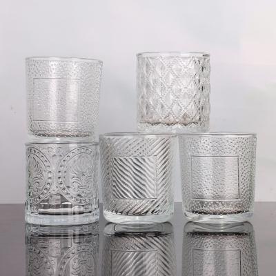 China Creative Glass Candle Jar DIY Candle Cup Lead Free Transparent Embossed Glass Making for sale