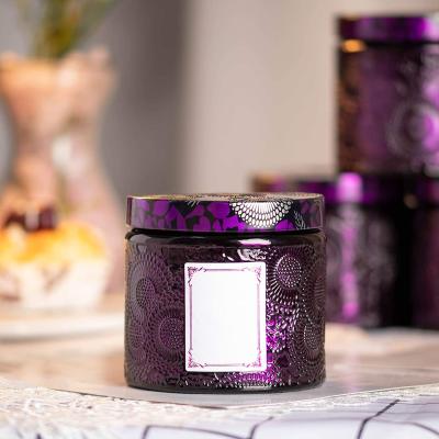 China Lead Free Luxury Purple Candle Jar In Stock China Right Side Colored Glass Candle Jar And Box for sale