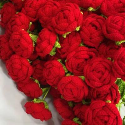 China Luxury Handmade Wall Flower Background Wholesale Rose Flower Artificial Knitted Wool Flowers Assembled To Package Preserved Plants Wedding Valentine Gift for sale