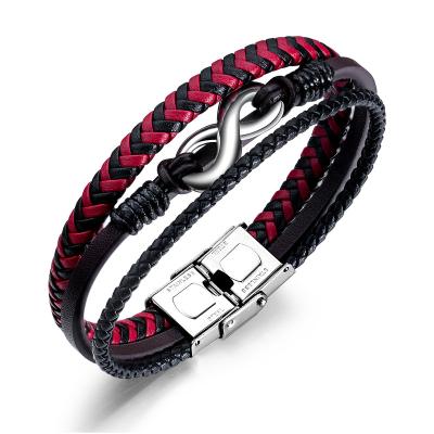 China Vintage Red Men's Handmade Jewelry Black Braided Leather Bracelet Handmade Braided Leather Bracelet Adjusting Clasp Leather Bracelet for sale