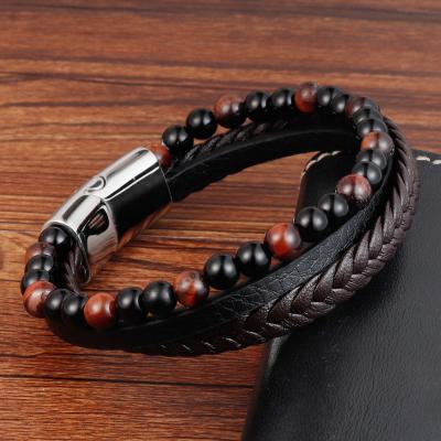 China Tiger Eye Lava Men Natural Stone Bead Stainless Steel Clasp Mulit Layer Brown Leather Casual/Sporty Punk Magnetic Bracelet for sale