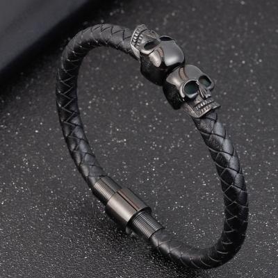 China Fashion PVD Fashion Jewellry Black Stainless Steel Skull Bracelet Magnetic High Quality Leather for sale