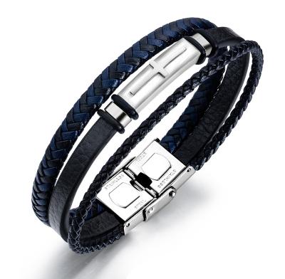 China Fashion Christian Mens Genuine Leather Bracelet with Adjustable Clasp Wrap Braided Men's Multilayer Leather Bracelet 2020 for sale