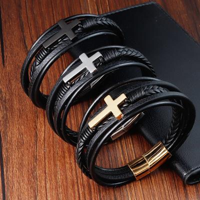 China Hotsale Cross Stainless Genuine Leather Casual/Sporty Black Genuine Leather Christian Bracelet Steel Leather Bracelet For Man's Gift for sale