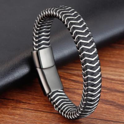 China Valentine's Gift Black Stainless Steel Cable Wire Leather Bracelet Magnetic Clasp 21cm Bracelet Casual/Sporty for sale