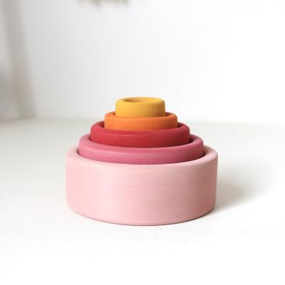 China Small Children Educational Interlocking Stacking Toy Rainbow Bowl Combination Wooden Bowls Toy Hot Sells Rainbow Blocks for sale